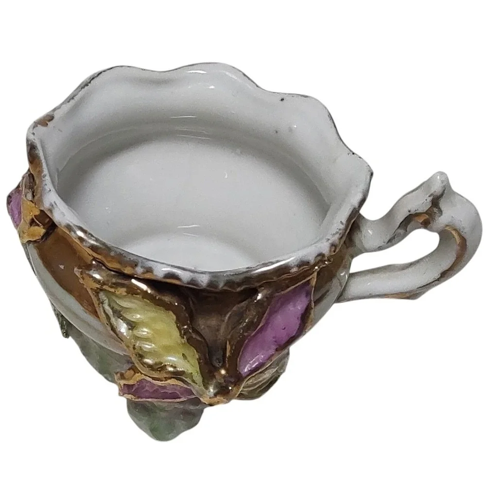 Vintage Bone China Demitasse Cup Green Pink Raised Flowers Footed Two Inches SEE